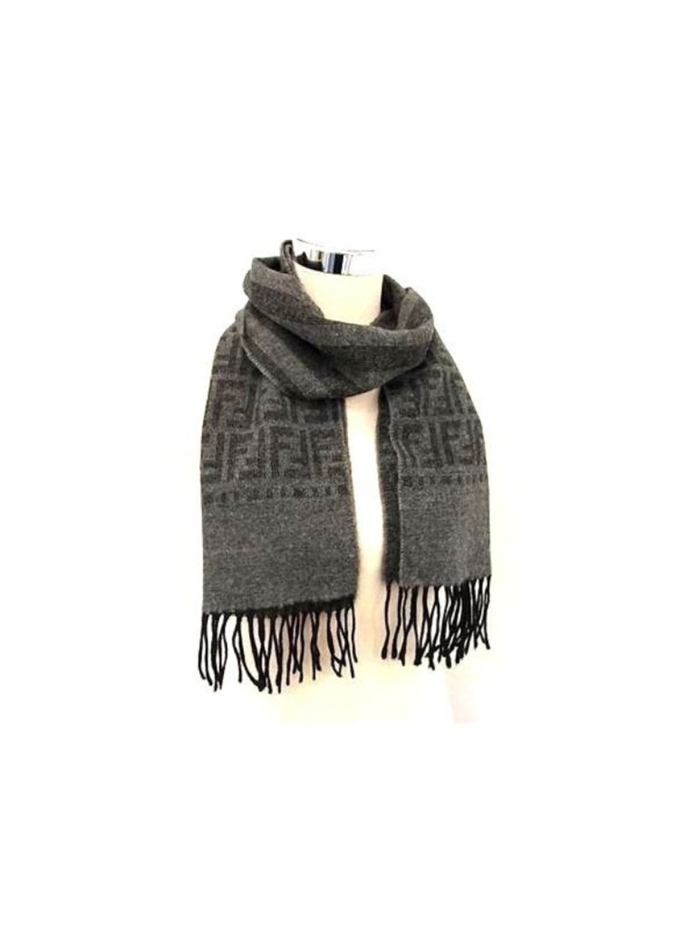 Fendi Zucca Pattern Acrylic Fringe Scarf Shawl Gray
